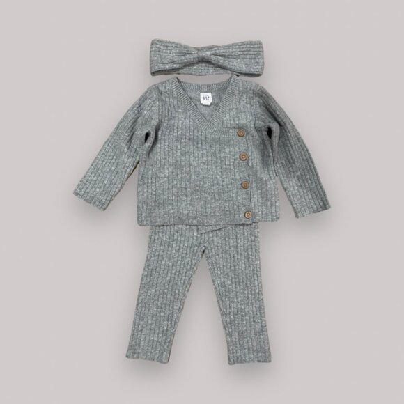 EUC GAP Grey Ribbed Knit Cardigan and Legging Set with Matching Knot Head - Picture 2 of 2